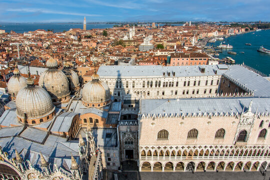 overlooking the beautiful city and old palaces  of venice with the laguna from the Markus tower