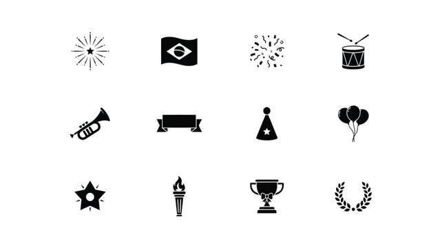 Black and white celebration icons set with Collection minimalist icons representing celebration themes achievements illustration decorative fireworks geometric balloons with hat