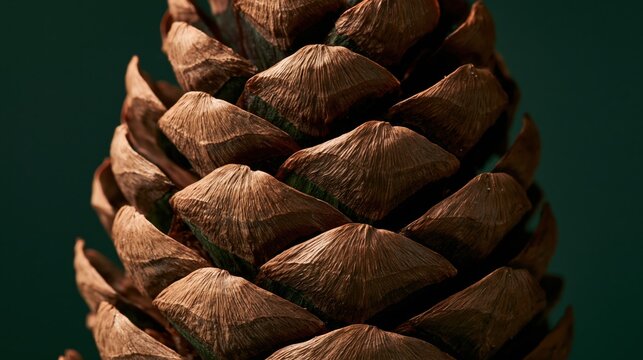 A mature brown pine cone displays intricate wooden scales that spiral upwards toward the tip while resting against a dark green surface to highlight the natural textures of the forest