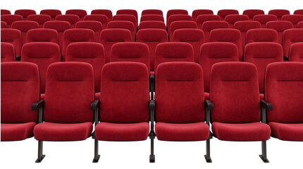 Fototapeta premium Rows of empty red velvet cinema seats in a dark png on isolated transparent background