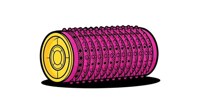 Vibrant cartoon illustration of a pink cylindrical hair roller with textured surface, isolated on a white background. Perfect for hair styling and beauty salon themes.