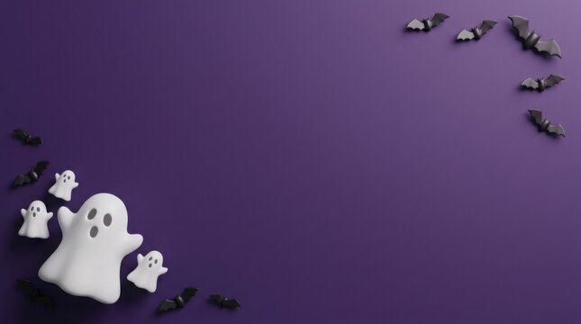 Cute ghosts and bats flying on a purple background for Halloween celebrations
