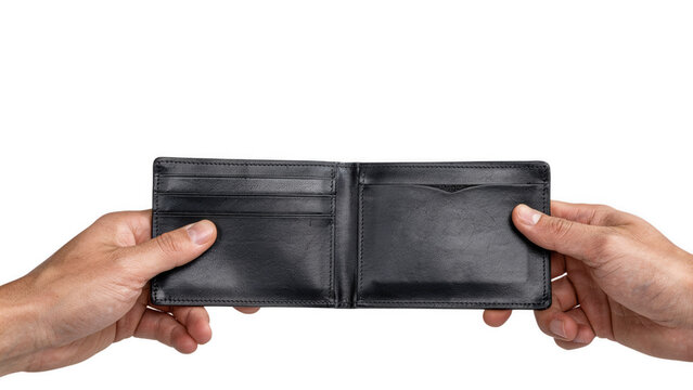 Hands holding open empty leather wallet in studio lighting against a clean backdrop isolated on transparent background