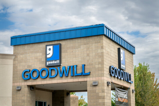 Fort Collins, CO, USA - August 25, 2026: Goodwill sign and logo on the facade of a local thrift store. Nonprofit organization operating donation centers and secondhand retail stores.