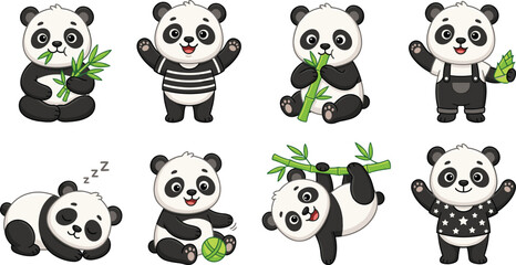 Cute panda character vector set featuring little baby bear eating bamboo sleeping waving hanging on branch and wearing overalls in various sweet poses © MdRobiul