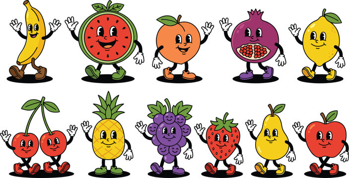 Trendy retro rubber hose fruit character vector set featuring cartoon banana watermelon peach pomegranate lemon cherry pineapple grapes strawberry pear and apple icons