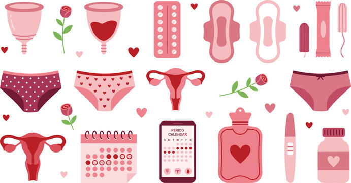 Menstrual cycle and female reproductive health vector elements collection featuring pads tampons menstrual cups uterus underwear calendar tracker and hygiene icons