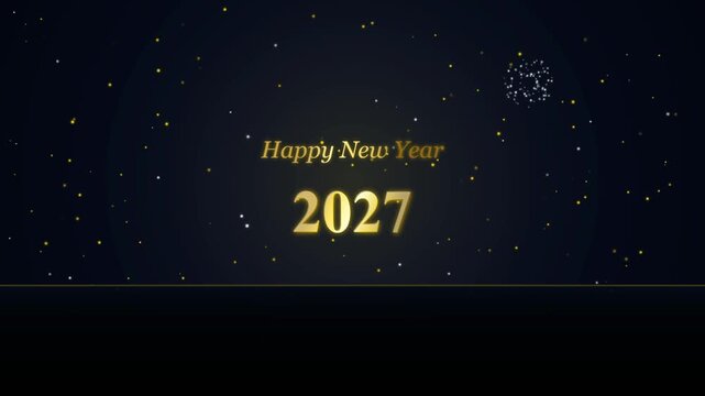 Golden Happy New Year 2027 Typography Animation with Floating Sparkle Particles and Subtle Firework Bursts on Dark Blue Gradient Background for NYE Countdown and Holiday Intro