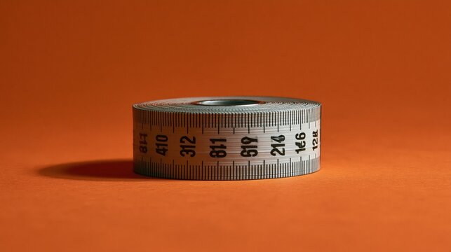 A rolled gray measuring tape displays numerical markings while resting upon a vibrant orange surface to represent the professional assessment of physical dimensions during creative tailoring