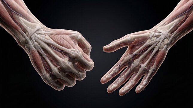 Human Hand Movement Anatomy Showing Bones, Muscles, Tendons and Blood Vessels
