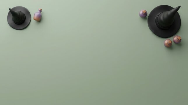 Witch hats and potion bottles arranged on a pale green surface with copy space