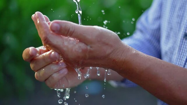 Water pours into cupped hands outdoors in nature. Clean water splashes over palms with droplets falling. Calm person washes hands in fresh water. Green blurred nature surrounds this water.