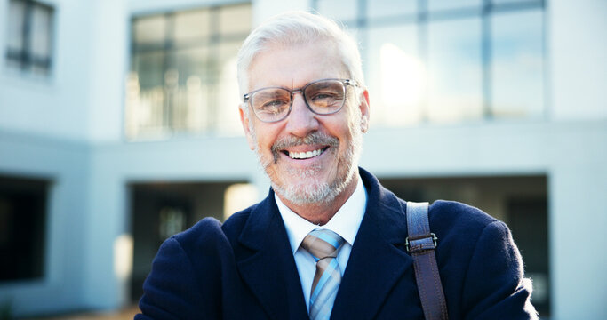 Portrait, real estate and mature man with smile, corporate and happy for market growth or outdoor. Proud, entrepreneur and person with career advancement in business, property and realtor in USA