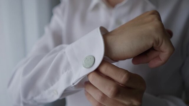 Close up hands fastening a round silver cufflink on a crisp white dress shirt cuff