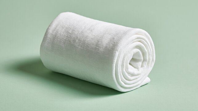 A soft white fabric textile material is carefully rolled into a cylinder shape to display the cozy texture of the cloth as it rests comfortably upon a gentle sage green surface for home decor