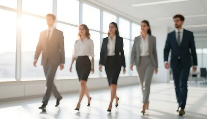 Fototapeta premium Blurred motion of a multi-ethnic team of professional business people walking together down a modern corporate office hallway with large windows and bright natural sunlight