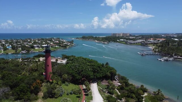 Static drone shot two of Jupiter Inlet Florida and the Lighthouse