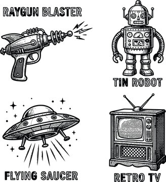 Vintage retro sci-fi robot alien and space elements set
