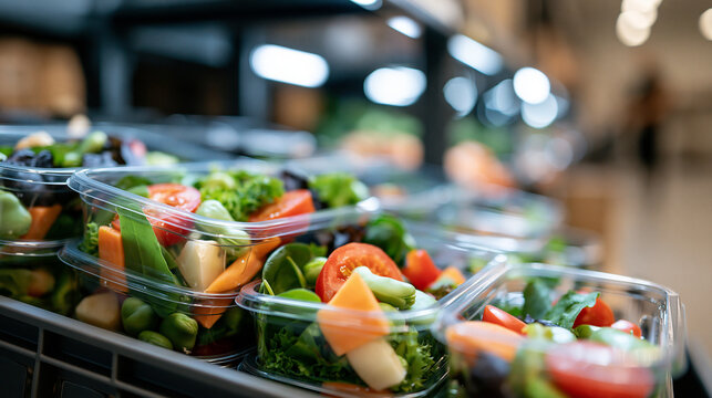 rows of fresh pre-packaged produce and healthy salads stored in a bright commercial cold storage facility, food industry concept, organized, nutrition, quality, bright, with copy