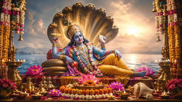 Lord Vishnu reclining on Shesha naga shrine surrounded by flowers, lamps, offerings, and sacred decorations for Anant Chaturdashi Hindu festival devotion