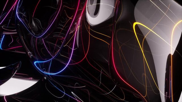 3D Abstract Liquid Glass Object with Glowing Laser Lines and Reflective Surface 4K