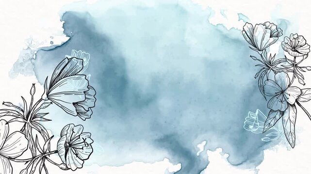 Abstract blue watercolor background with hand drawn botanical flower illustrations.