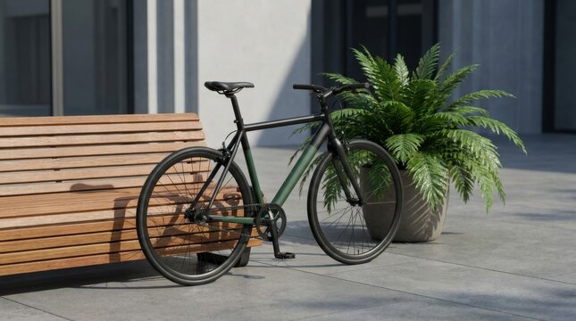 Minimalist black and green urban commuter bicycle leans against wooden bench in courtyard.