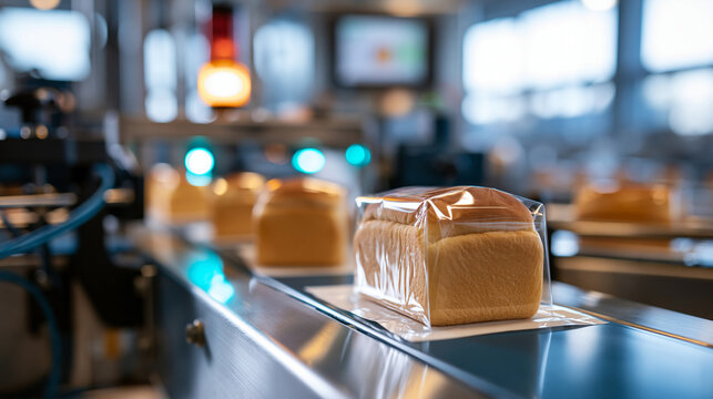 automated food production line with packaged bread products moving on a conveyor belt in a bright facility, food industry concept, technology, organized, industrial, bright, with