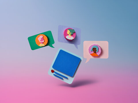 A modern paper-cut smartphone illustrates a video call between t