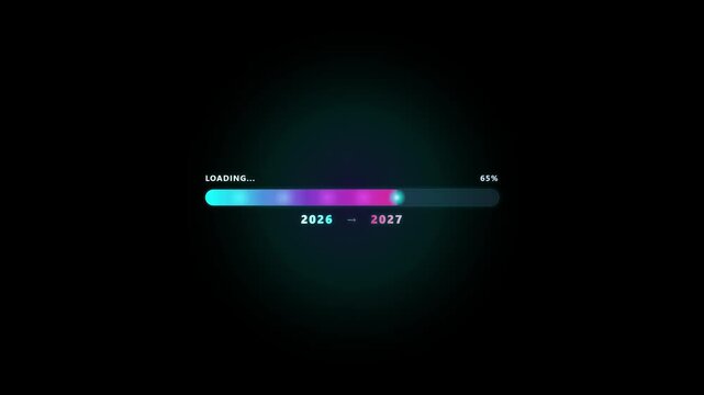 Glowing Neon Cyan and Magenta 2026 to 2027 New Year Loading Progress Bar Animation with Percentage Counter on Black Background for NYE Countdown and Tech Recap