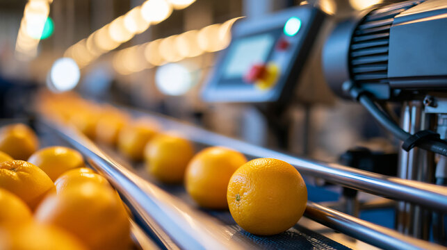 automated vegetable and fruit sorting machine in a bright industrial food processing facility, technology concept, automation, quality control, industrial, bright, with copy space