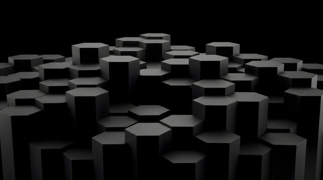 Black hexagonal columns creating abstract dark honeycomb pattern design.