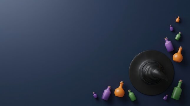 Witch hat with colorful potion bottles scattered on dark blue background for Halloween