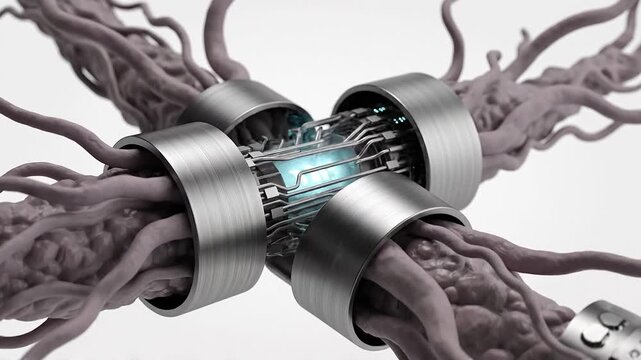 Neural network interface links biological nerve fibers with glowing electronic hardware components in this seamless high-tech motion animation video clip
