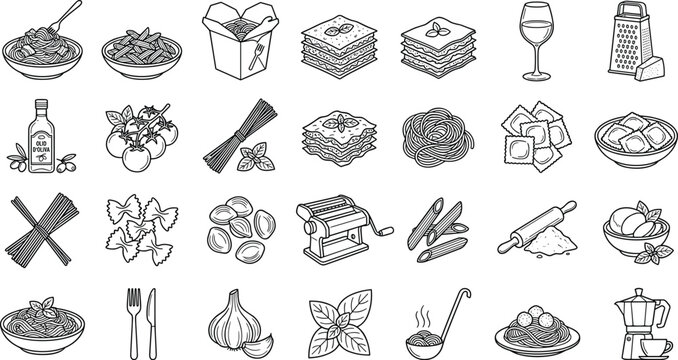 Comprehensive Italian pasta cooking line icon mega pack featuring minimal hand drawn spaghetti lasagna ravioli kitchen utensils and recipe ingredients vector assets