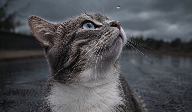 Sad Street Cat Looking at the First Drops of Rain on a Lonely Urban Street