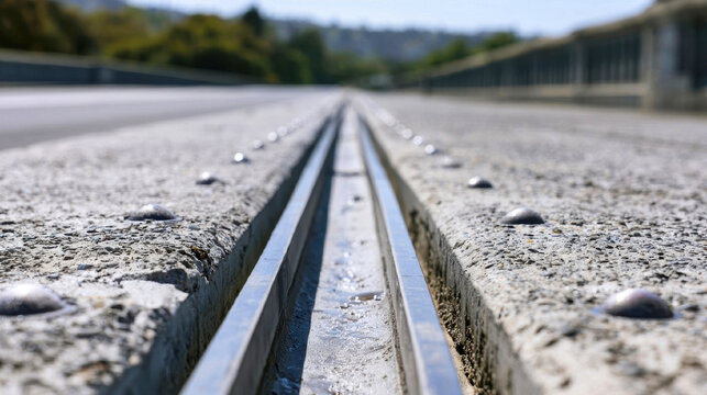 Close up of metal expansion joint on bridge road surface
