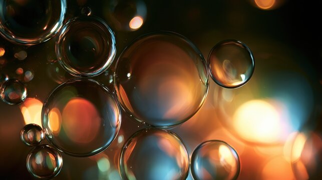 Bubbles in oil and water float slowly against a dark background, showing bright colors and shapes with a backlit glow in macro view.