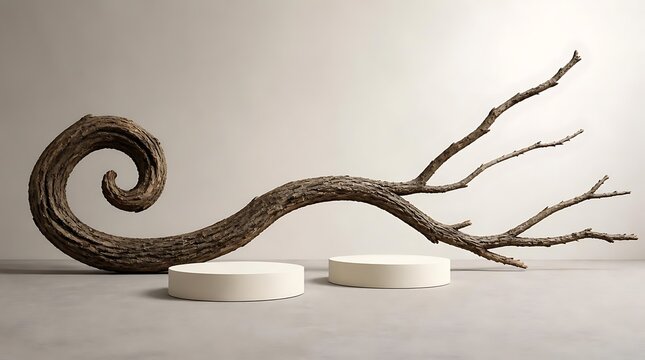 Minimalist display with driftwood and podiums on textured background.