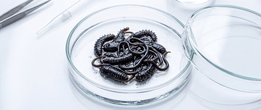 Black squirming parasite worms and larvae inside glass petri dish on white sterile lab table symbolize microbiology experiment and medical parasitology research.