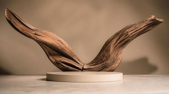 Natural Wood Sculpture on Pedestal with Soft Background.