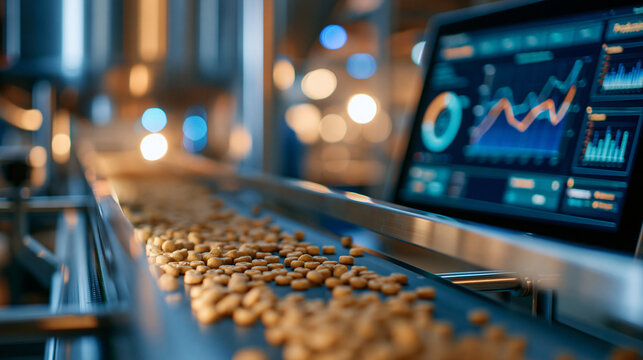 industrial food manufacturing process with dry pet kibbles evenly distributed across a conveyor system in a bright facility, futuristic digital control screen showing productivity