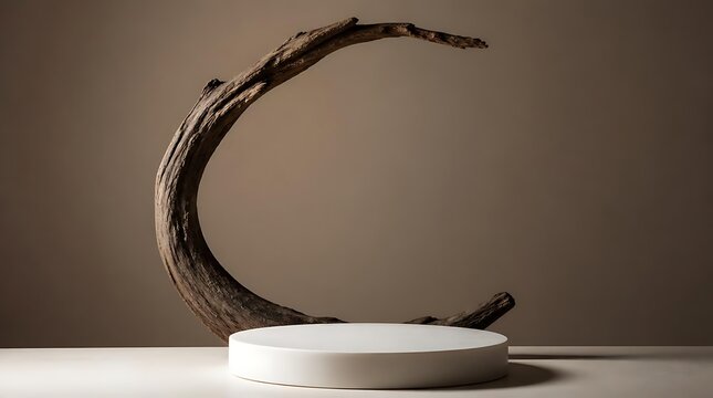 Minimalist Product Display with Natural Wood Arch and White Podium.