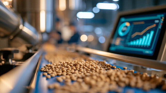 industrial food manufacturing process with dry pet kibbles evenly distributed across a conveyor system in a bright facility, futuristic digital control screen showing productivity