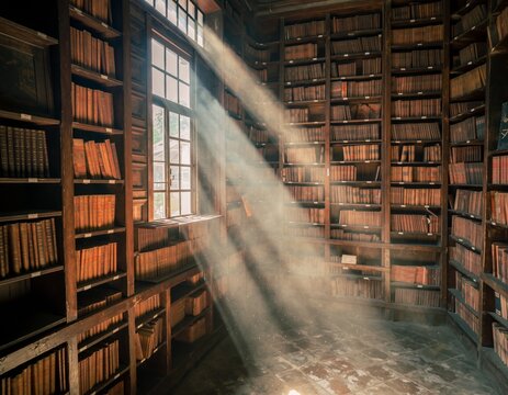 Sunlight streaming into old library filled with vintage bookshelves
