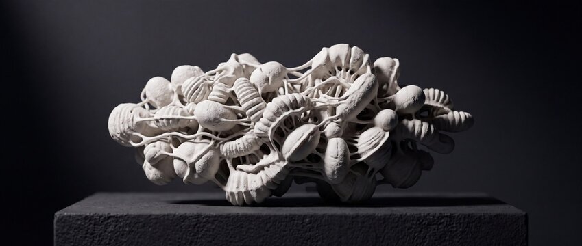Intricate bone-like organic lattice structure model in chalky white stone composite material resting on a dark concrete pedestal for modern art exhibition.