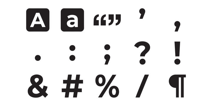 Collection of black punctuation marks and typographic symbols on a white background for design projects