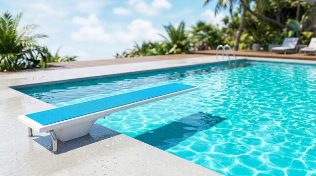 Diving board casting shadow on water near tropical pool area  