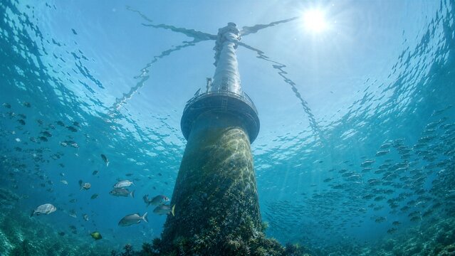 Underwater Wind Turbine: A majestic wind turbine stands submerged beneath the crystal-clear ocean surface, surrounded by a vibrant school of fish.