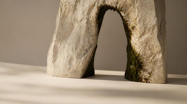 Abstract Stone Archway Sculpture with Textured Surface and Soft Lighting.